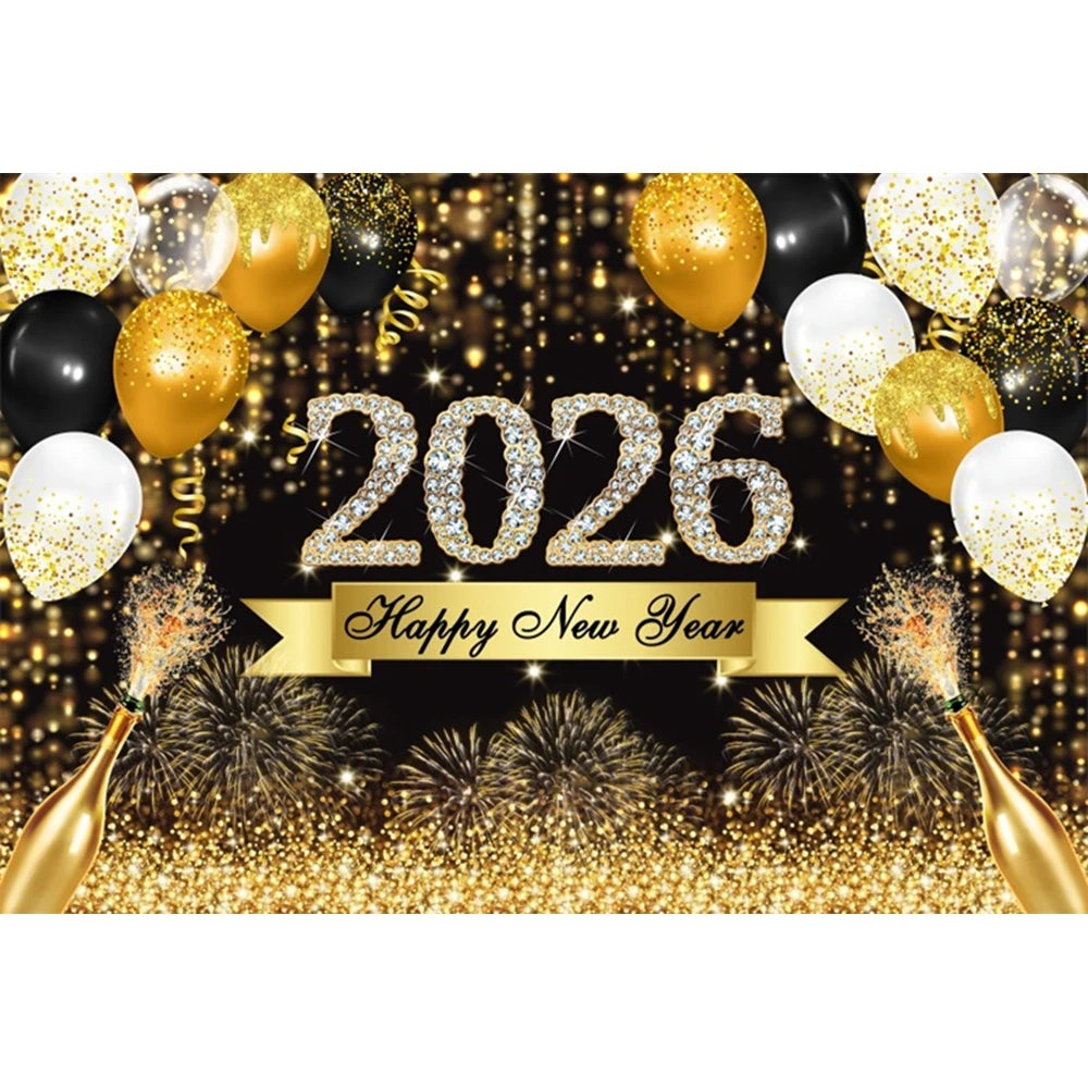 2026 New Year Backgrounds for Photographs Gold Glitter Balloons Clock