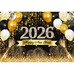 2026 New Year Backgrounds for Photographs Gold Glitter Balloons Clock