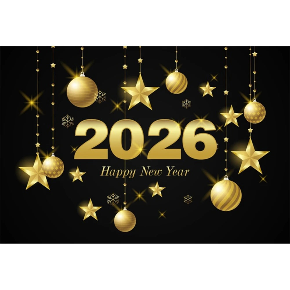2026 New Year Backgrounds for Photographs Gold Glitter Balloons Clock