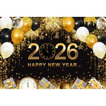 2026 New Year Backgrounds for Photographs Gold Glitter Balloons Clock
