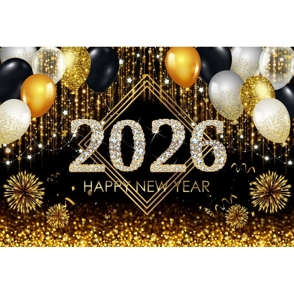 2026 New Year Backgrounds for Photographs Gold Glitter Balloons Clock
