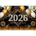 2026 New Year Backgrounds for Photographs Gold Glitter Balloons Clock