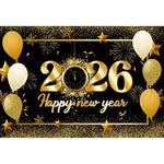 2026 New Year Backgrounds for Photographs Gold Glitter Balloons Clock