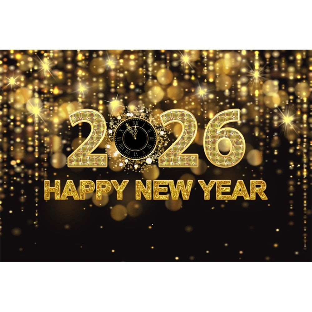 2026 New Year Backgrounds for Photographs Gold Glitter Balloons Clock