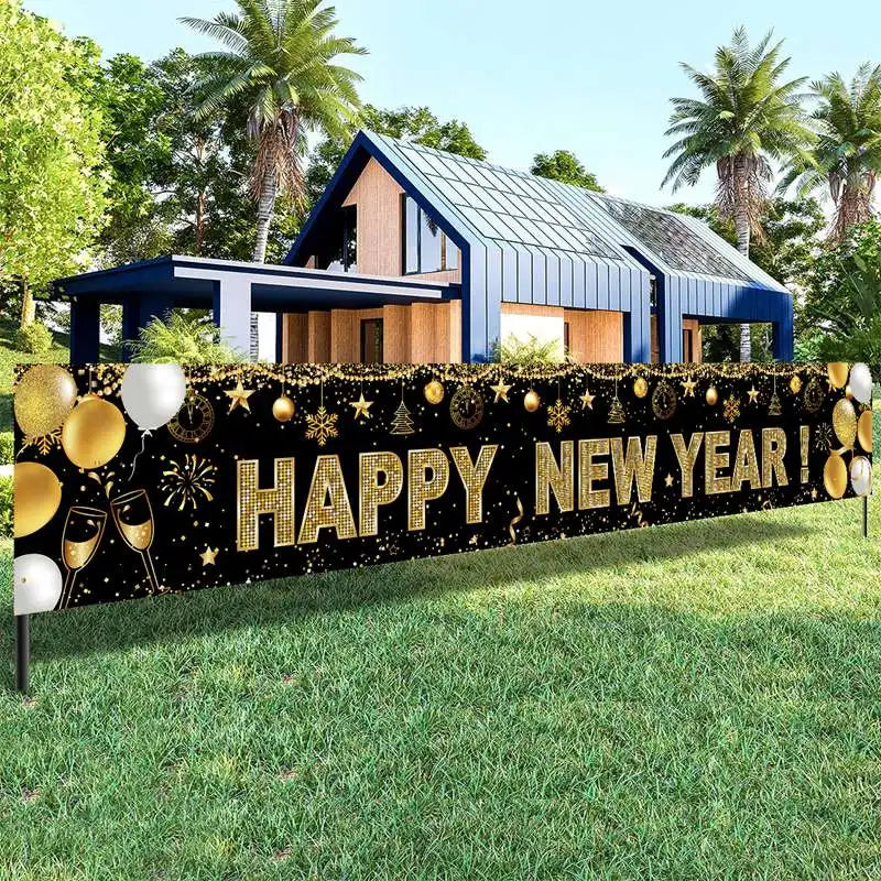 Happy New Year 2025 Banner - Gold Party Backdrop Decoration