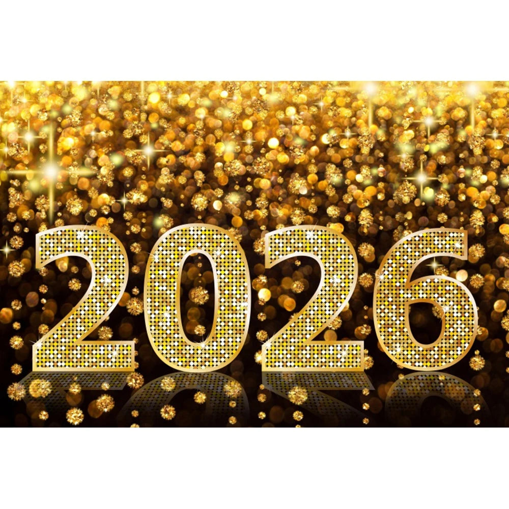 2026 New Year Backgrounds for Photographs Gold Glitter Balloons Clock