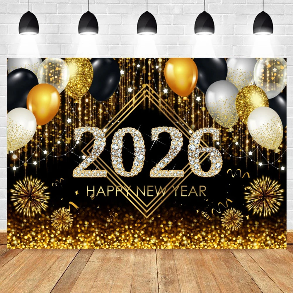 2026 New Year Backgrounds for Photographs Gold Glitter Balloons Clock - Image 5