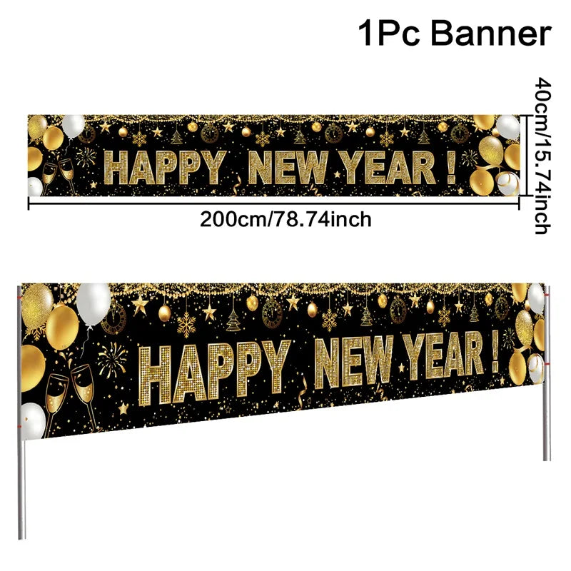 Happy New Year 2025 Banner - Gold Party Backdrop Decoration