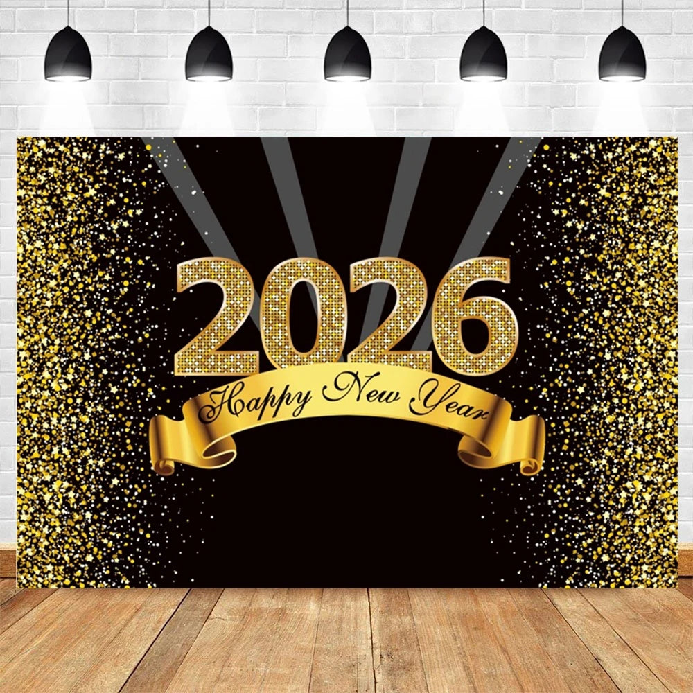 2026 New Year Backgrounds for Photographs Gold Glitter Balloons Clock - Image 2