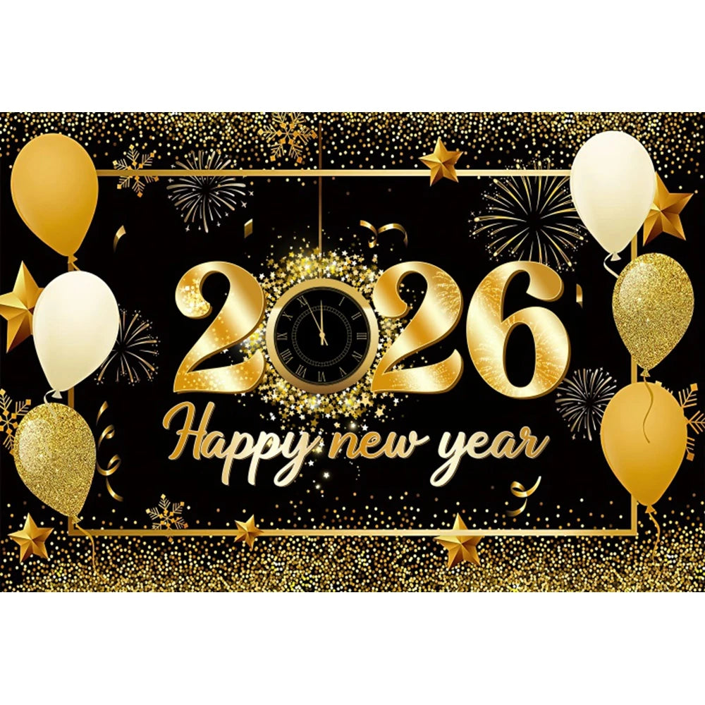 2026 New Year Backgrounds for Photographs Gold Glitter Balloons Clock