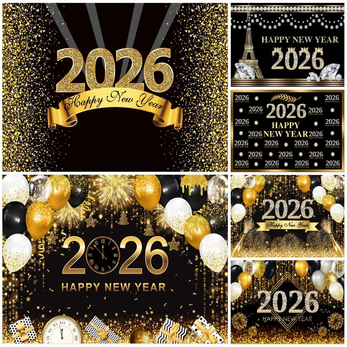 2026 New Year Backgrounds for Photographs Gold Glitter Balloons Clock
