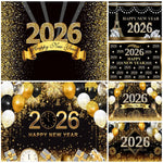 2026 New Year Backgrounds for Photographs Gold Glitter Balloons Clock