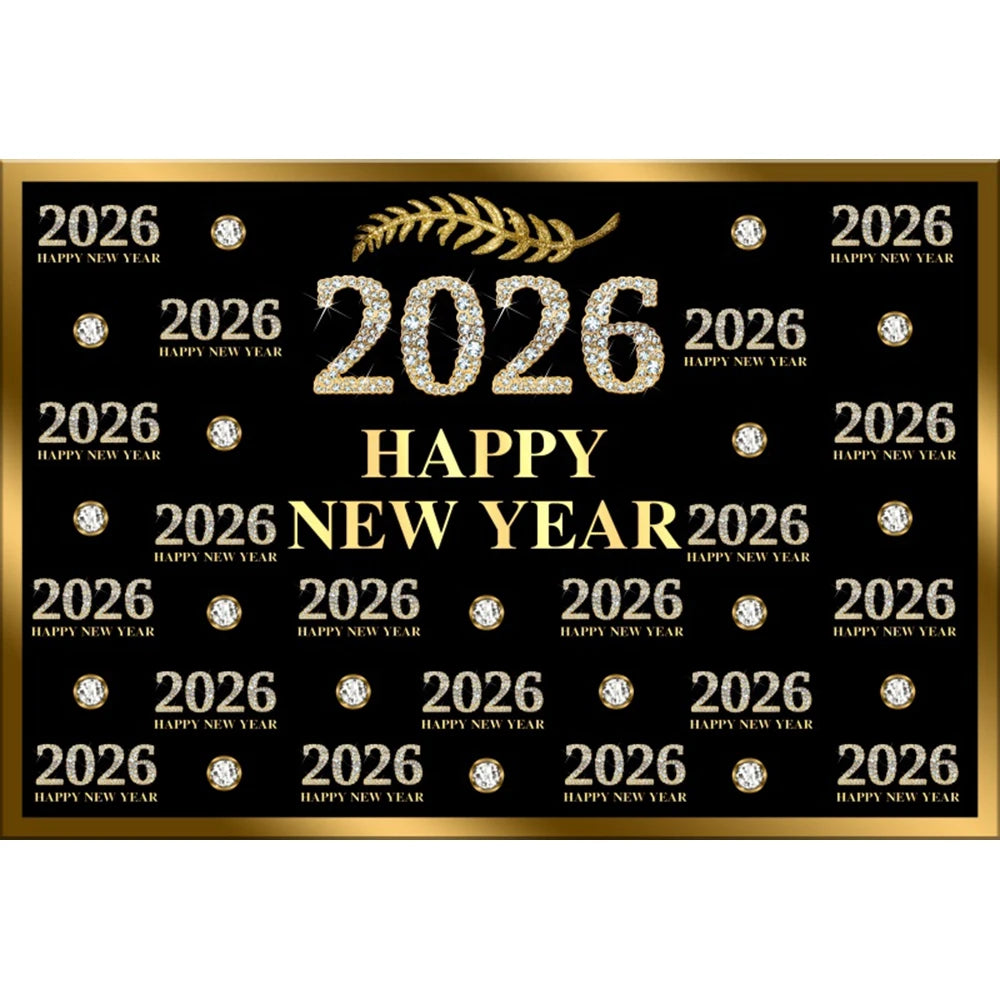 2026 New Year Backgrounds for Photographs Gold Glitter Balloons Clock