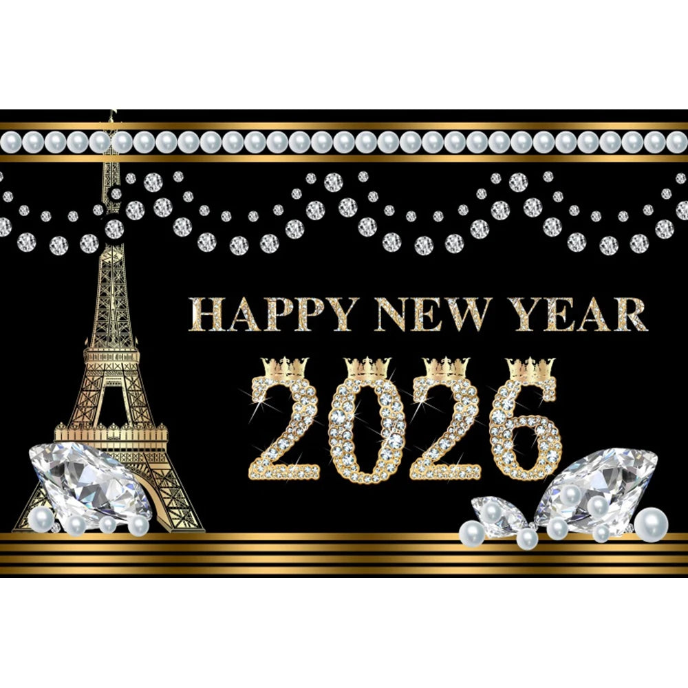 2026 New Year Backgrounds for Photographs Gold Glitter Balloons Clock