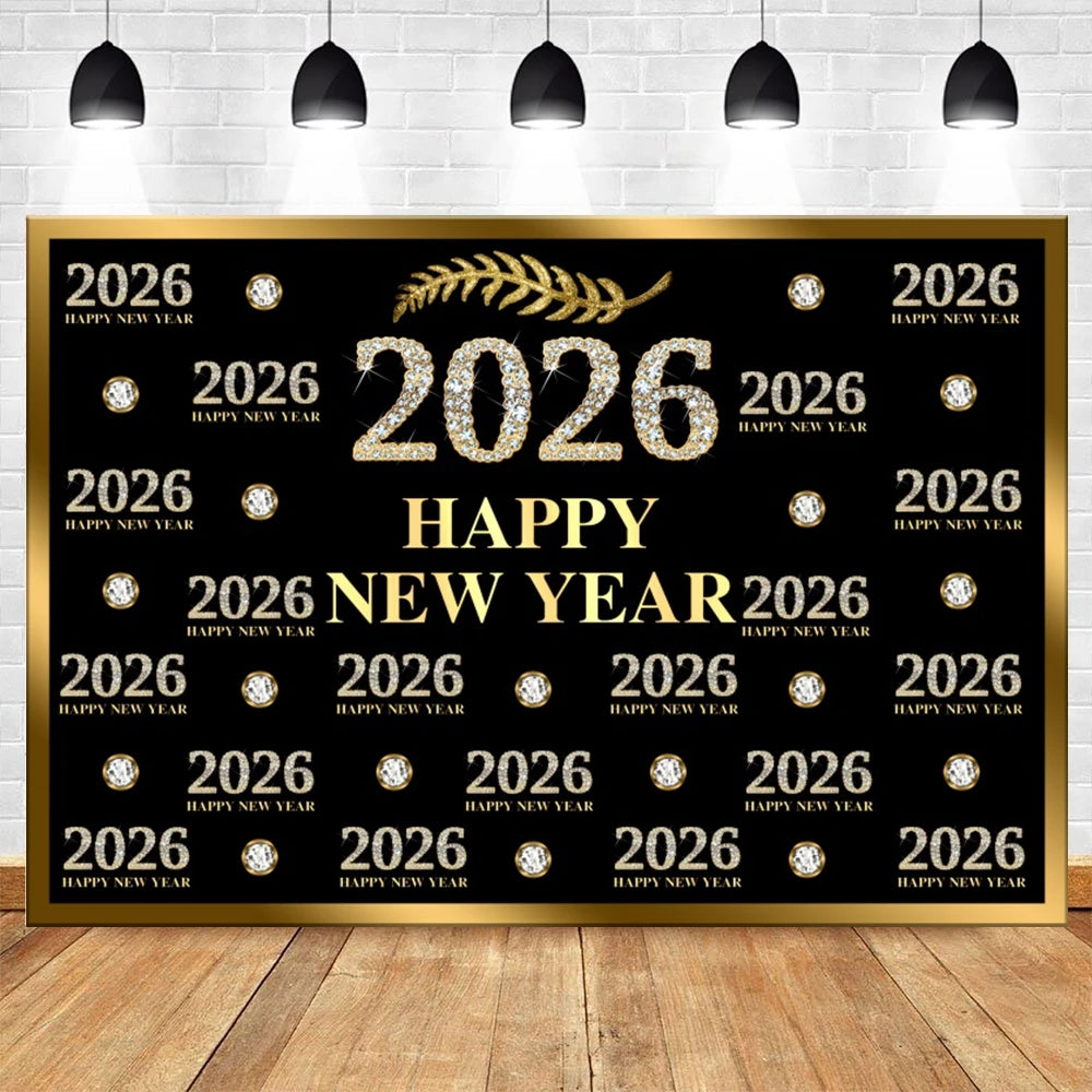 2026 New Year Backgrounds for Photographs Gold Glitter Balloons Clock - Image 6