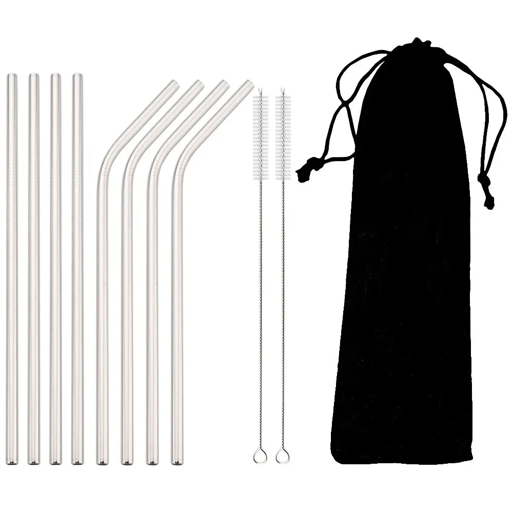 Reusable Metal Straws Set - 8 Pack Stainless Steel with Brush