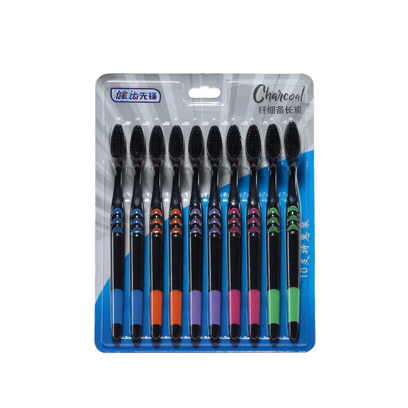 Bamboo Charcoal Toothbrush Set - 10 Pack Soft Bristle for Family