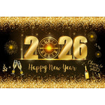 2026 New Year Backgrounds for Photographs Gold Glitter Balloons Clock