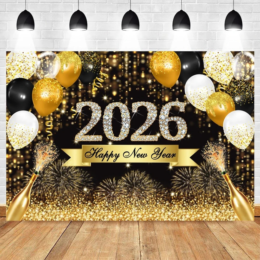 2026 New Year Backgrounds for Photographs Gold Glitter Balloons Clock - Image 4