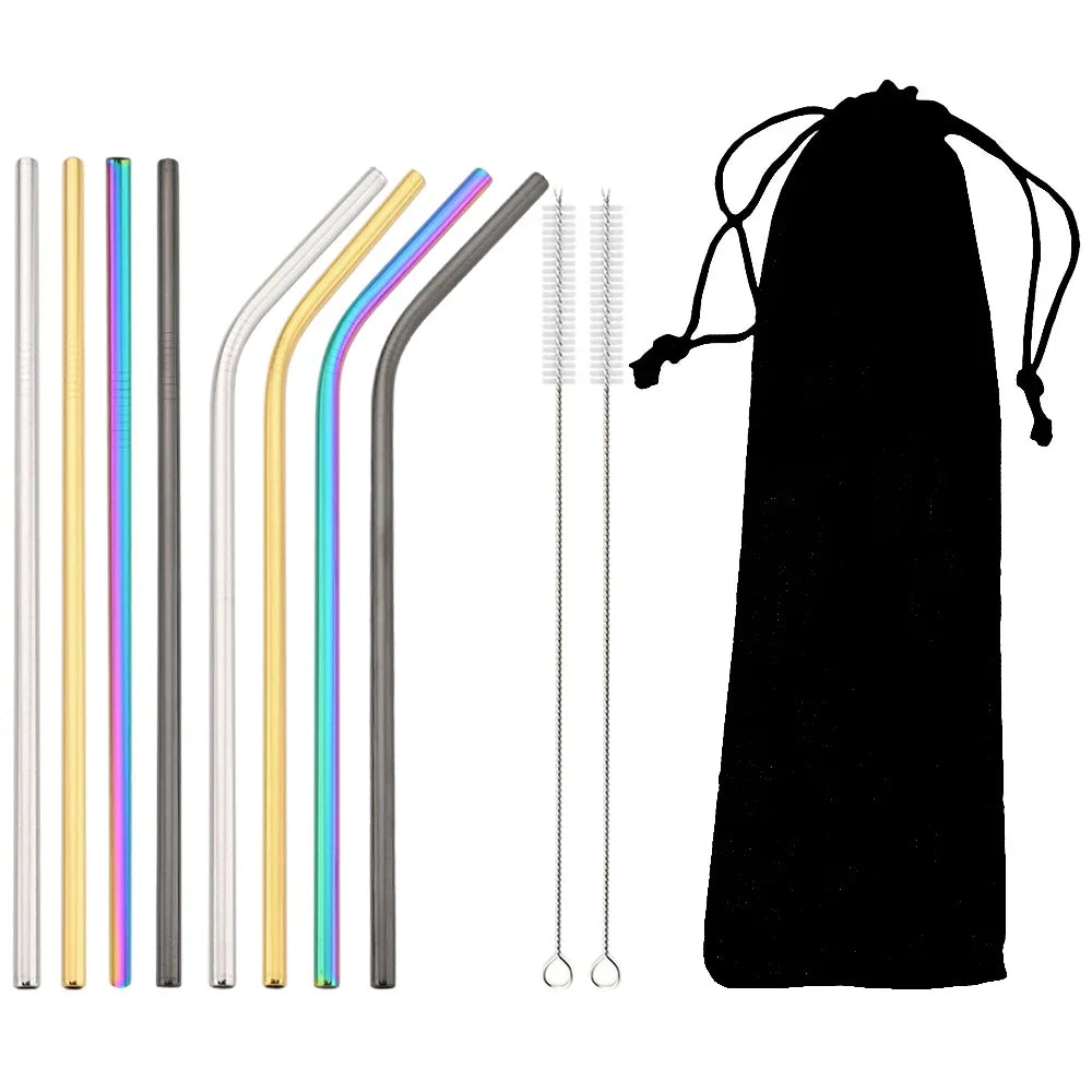 Reusable Metal Straws Set - 8 Pack Stainless Steel with Brush
